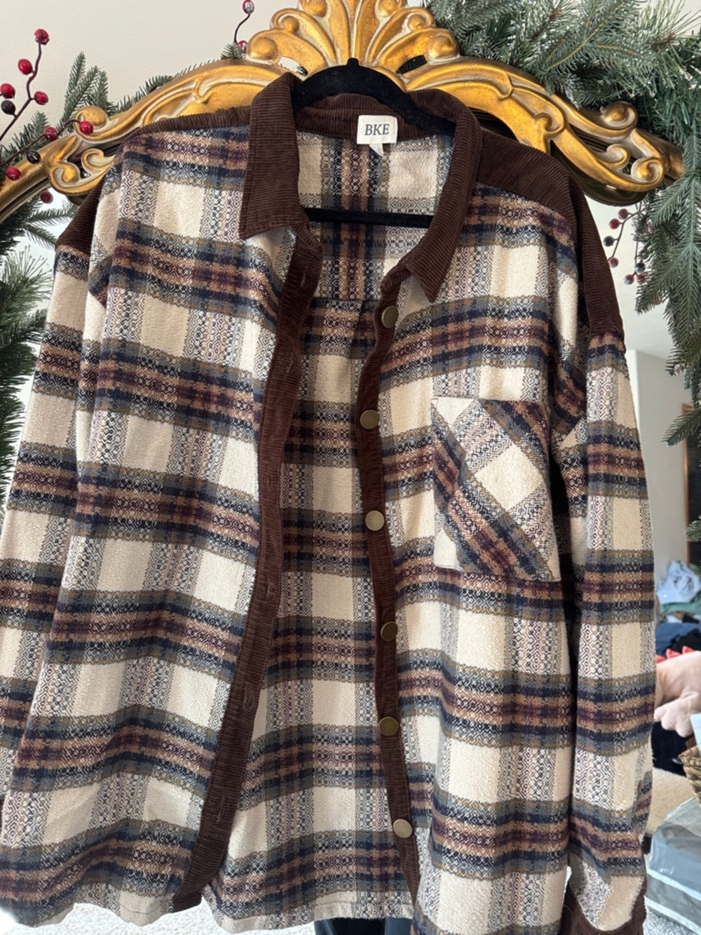 BKE Cream, Brown and Navy Plaid Corduroy-Trim Shacket